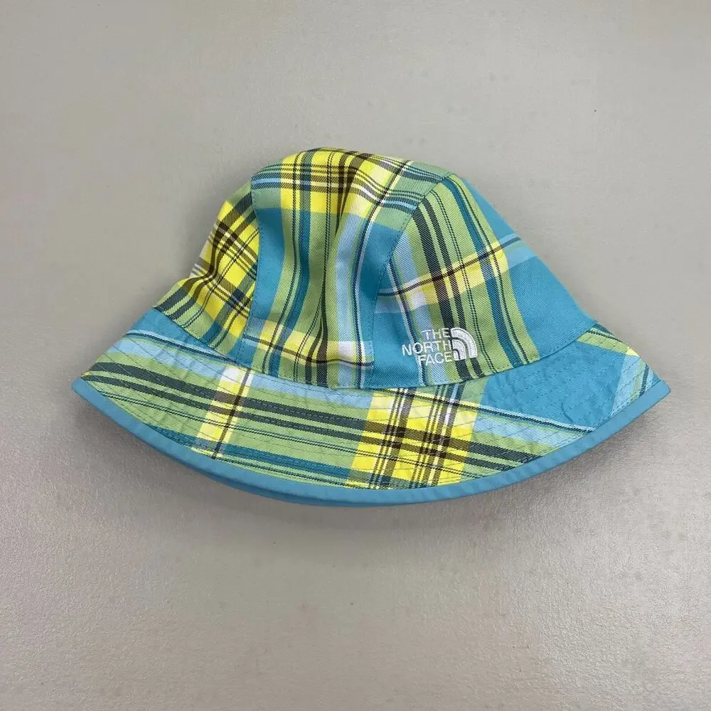 The North Face Reversible Bucket Hat Girls One Size Blue Yellow Plaid UPF30 Sun - Picture 2 of 7
